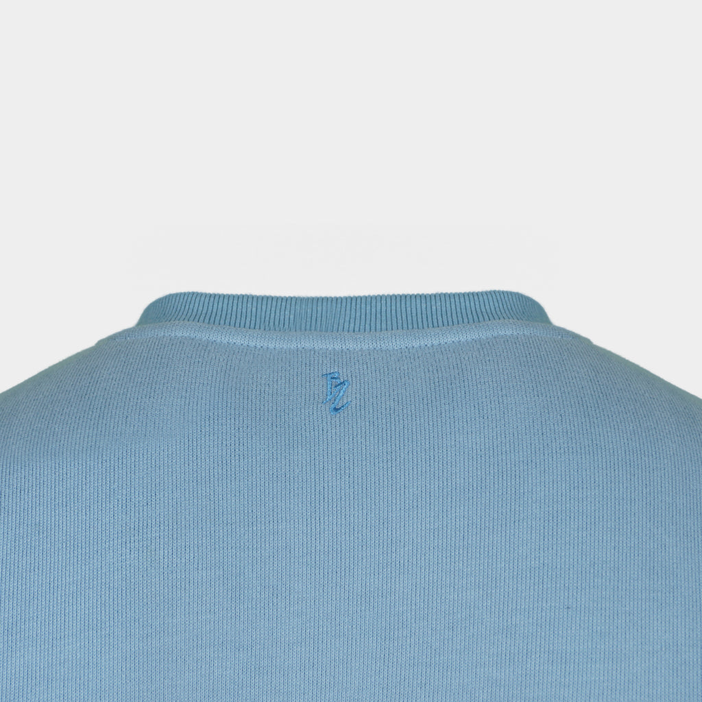Blue men’s Baze Skyline sweater – back logo view