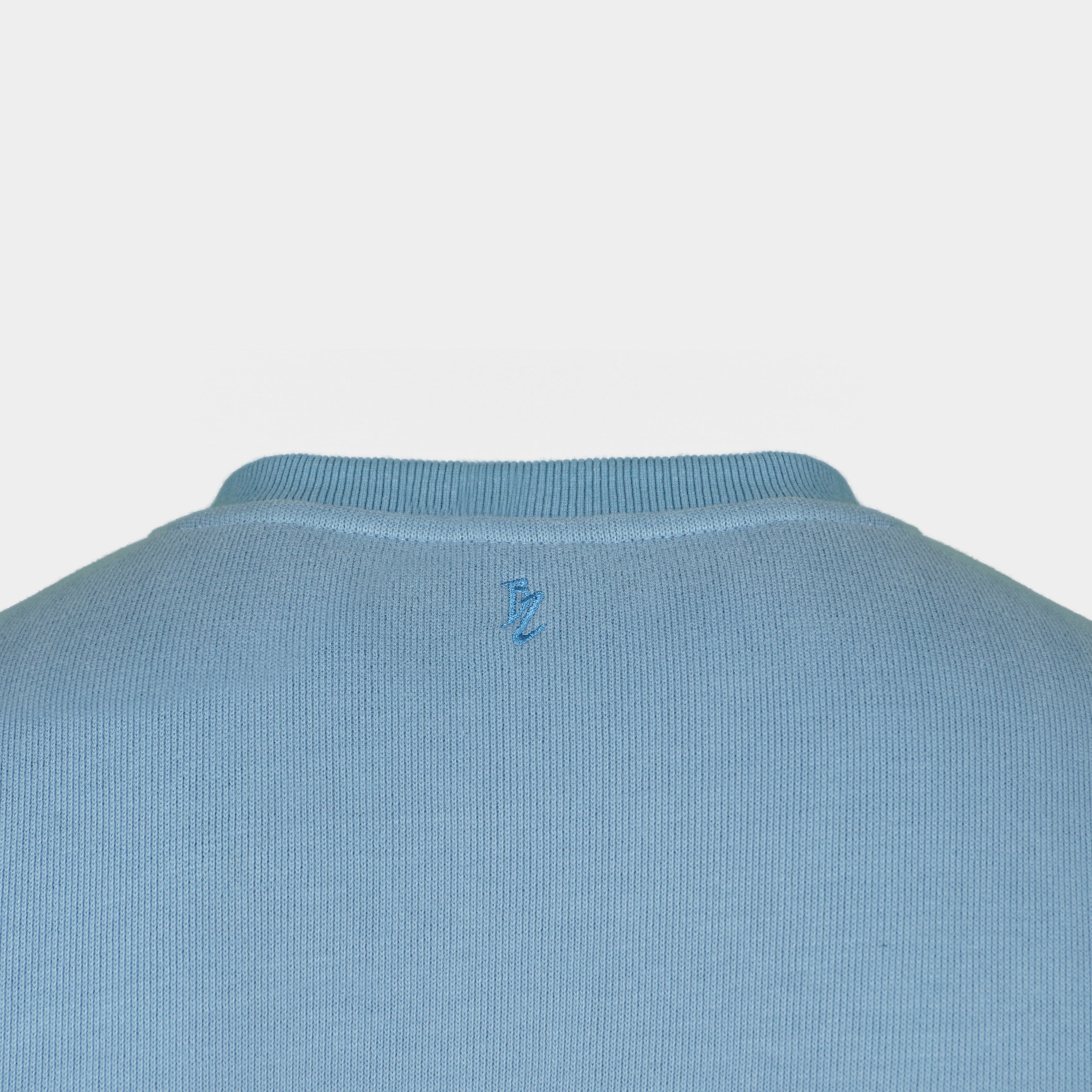 Blue men’s Baze Skyline sweater – back logo view