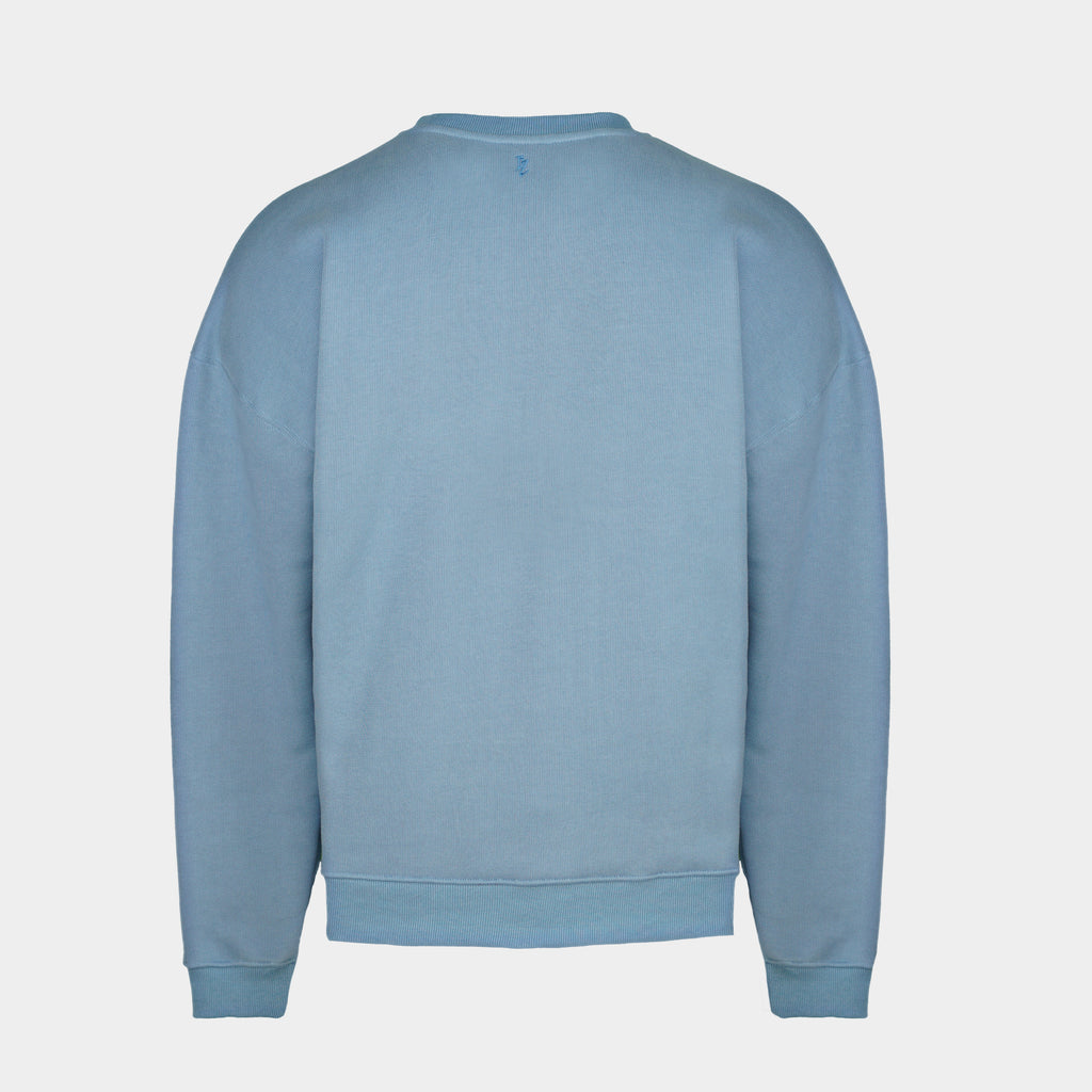 Blue men’s Baze Skyline sweater – back view